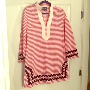 Sail To Sable Pink & White Striped Tunic Dress with Navy Trim